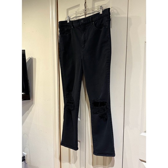 EXPRESS Black Super High Rise Slim Straight Ripped Knee Distressed Jeans 14 - Picture 9 of 12